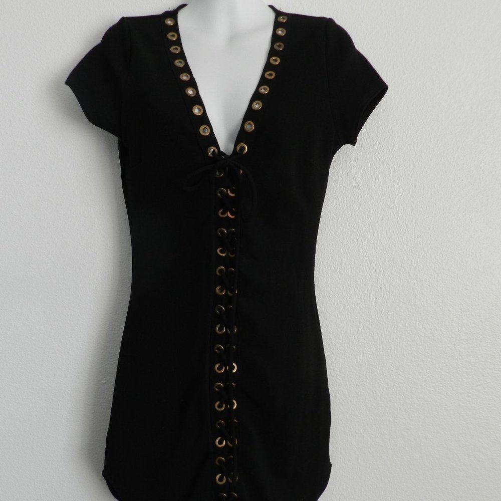 Monaco bronze grommeted lace up poly spandex cap sleeve shirttail hem dress